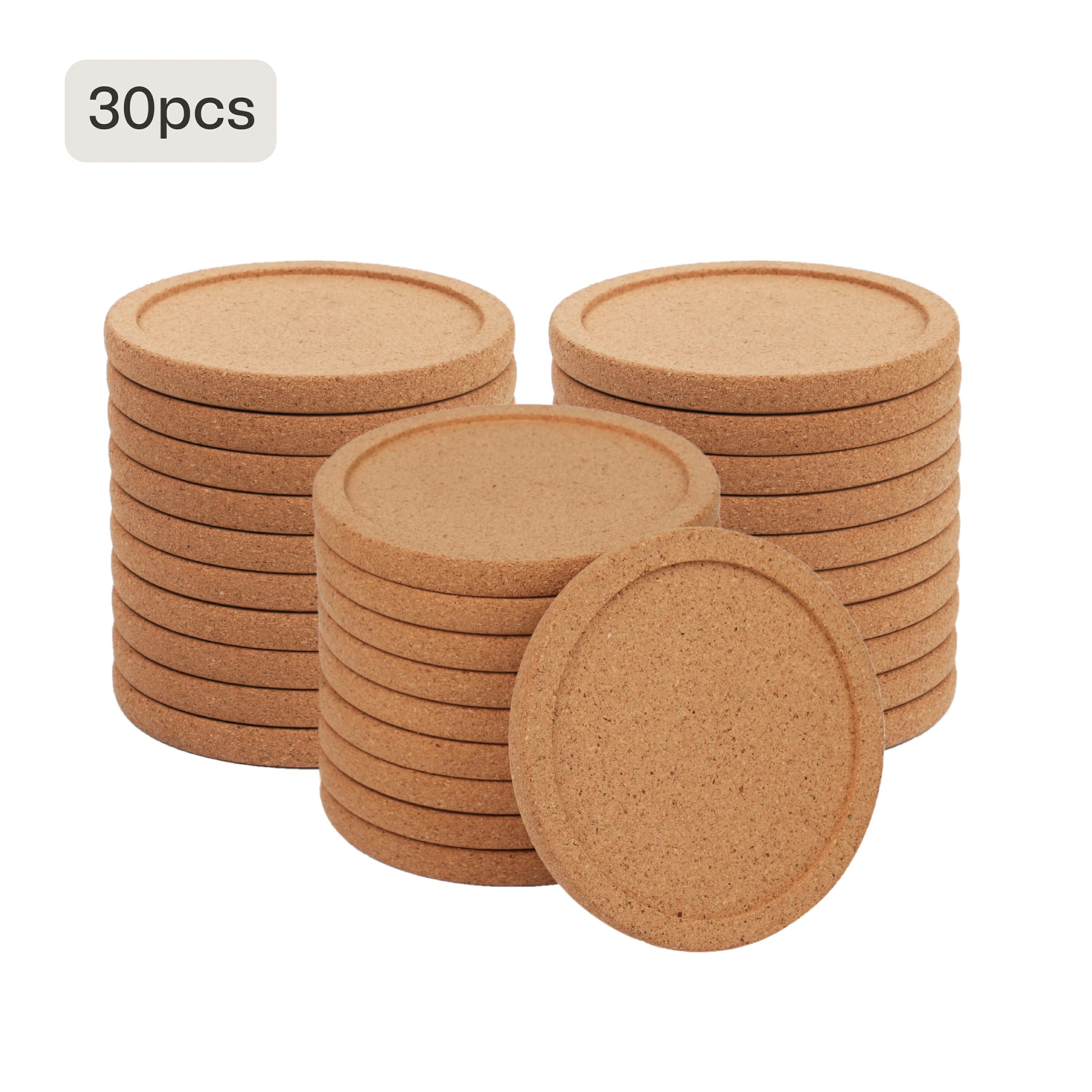 A pack of 30 round, natural cork coasters with a raised edge, presented as blanks for laser engraving custom designs, logos, or text to create personalized home decor and drinkware accessories.

