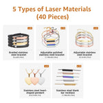 A collection of 40 pieces of laser engraving jewelry blanks, featuring 5 types of stainless steel accessories: braided bracelets, adjustable polished bracelets, adjustable bracelets, heart-shaped pendants, and blank bar necklaces, presented as materials for creating personalized, laser-engraved gifts and accessories.
