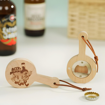 pan shaped bottle opener in use on beer bottle laser engraved custom kitchen tool for home bar.