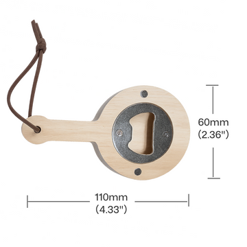 pan shaped bottle opener blank with dimension labels 60mm width 110mm height for laser engraving kitchen bar accessory.