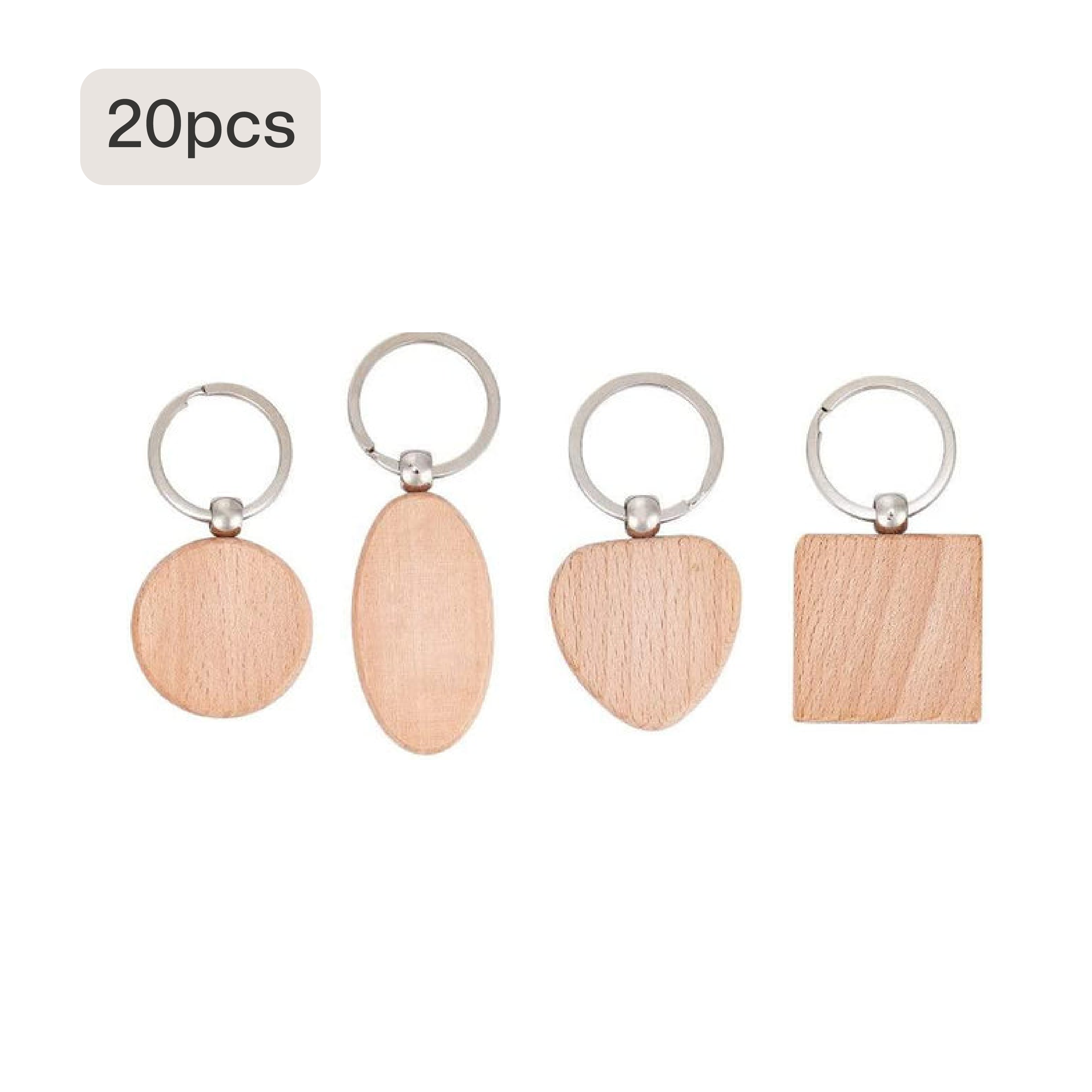 20 pack random assorted wooden keychain blanks for laser engraving mixed shapes and wood types diy craft supplies.