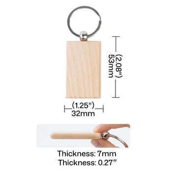rectangular wooden keychain blank with length width and thickness dimensions for laser engraving machine setup.