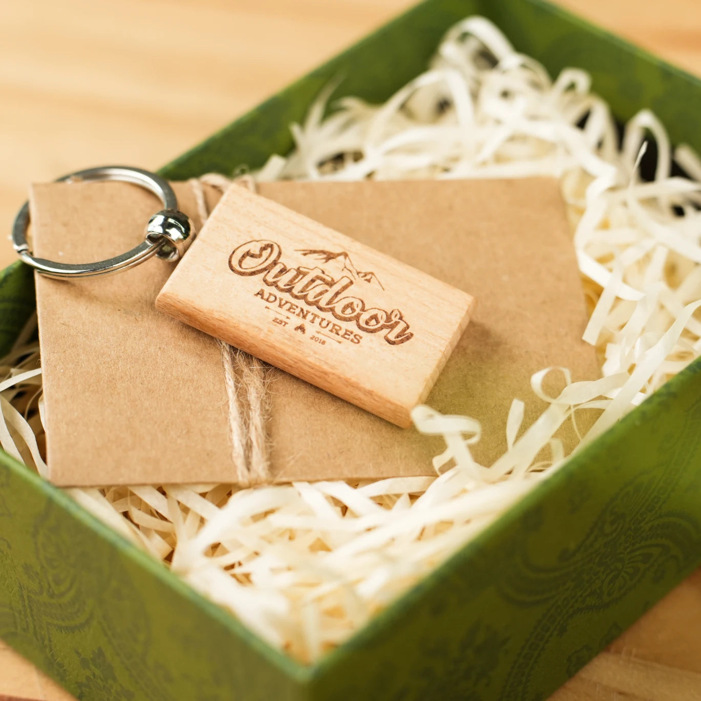 rectangular wood keychain blanks in kraft gift box for laser engraving personalized bridal party present.