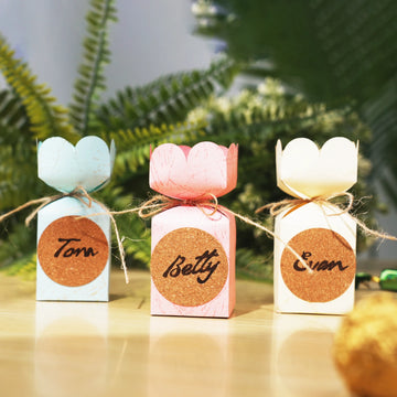 laser engraved round cork labels applied on gift packages for rustic pantry organization.