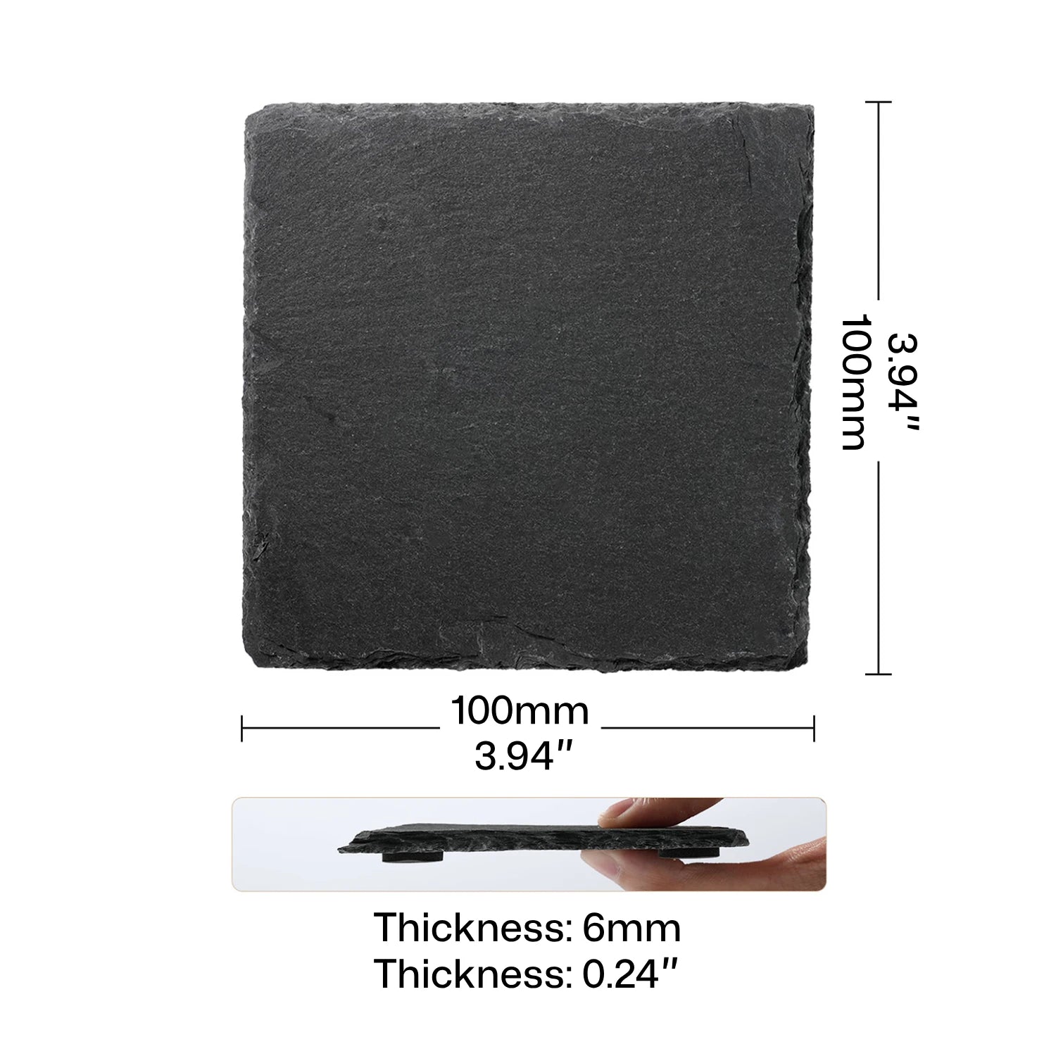 Dimensional specification of a square slate coaster blank for laser engraving, showing a 100mm (3.94") × 100mm (3.94") size and a 6mm (0.24") thickness. It’s presented as a durable, heat-resistant material ideal for creating personalized drink coasters and decorative plaques.