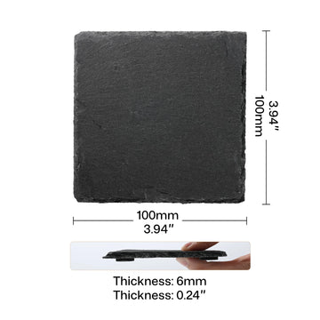 Dimensional specification of a square slate coaster blank for laser engraving, showing a 100mm (3.94") × 100mm (3.94") size and a 6mm (0.24") thickness. It’s presented as a durable, heat-resistant material ideal for creating personalized drink coasters and decorative plaques.