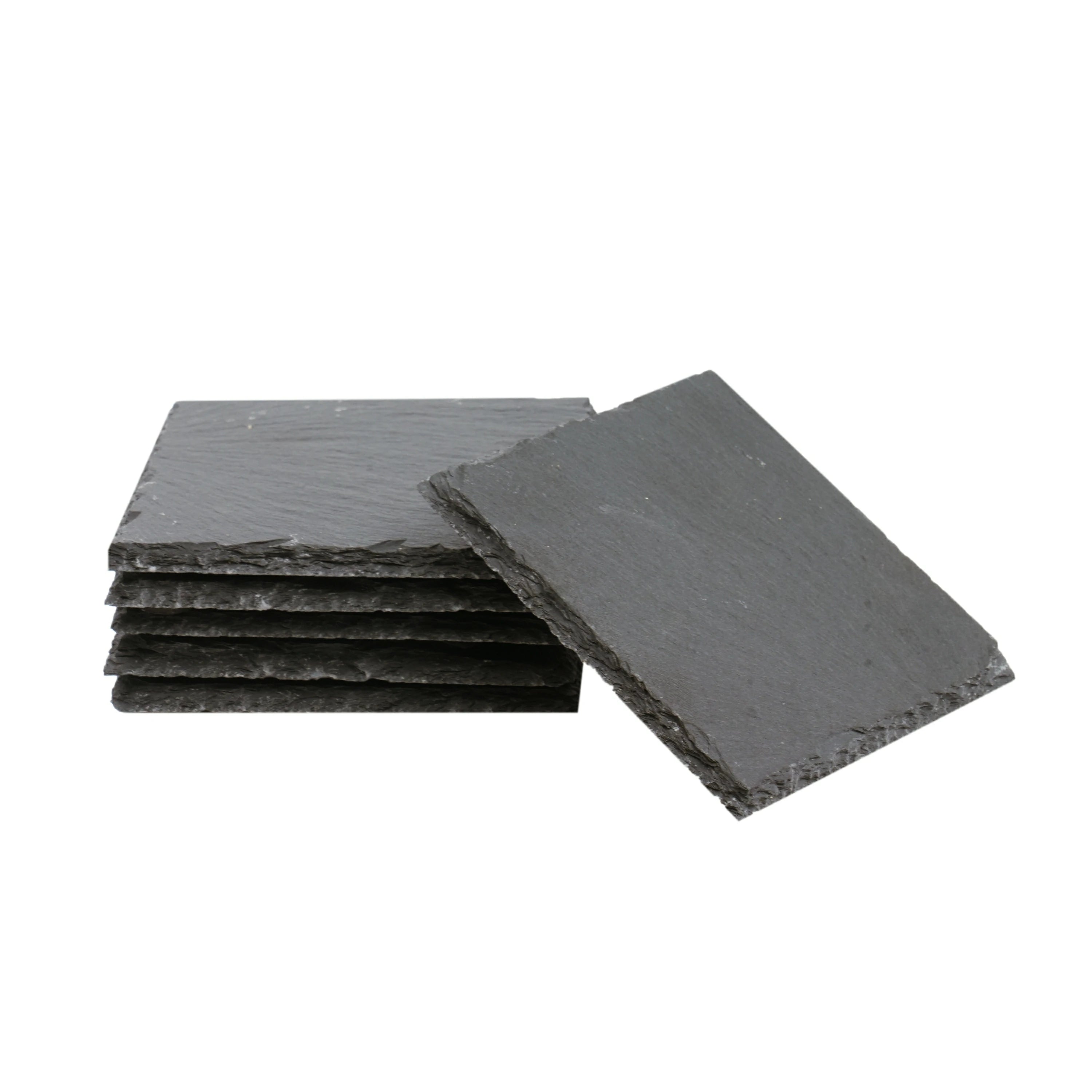 A stack of square black slate coasters with natural, rough edges, presented as blanks for laser engraving custom designs, logos, or text to create elegant, heat-resistant drinkware accessories for home or gifting.
