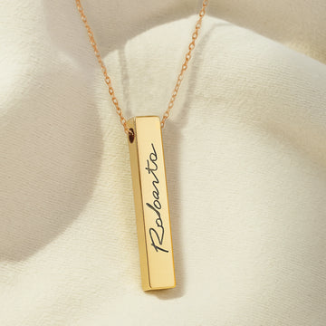stainless steel vertical bar necklace with laser engraved name and date personalized anniversary gift.