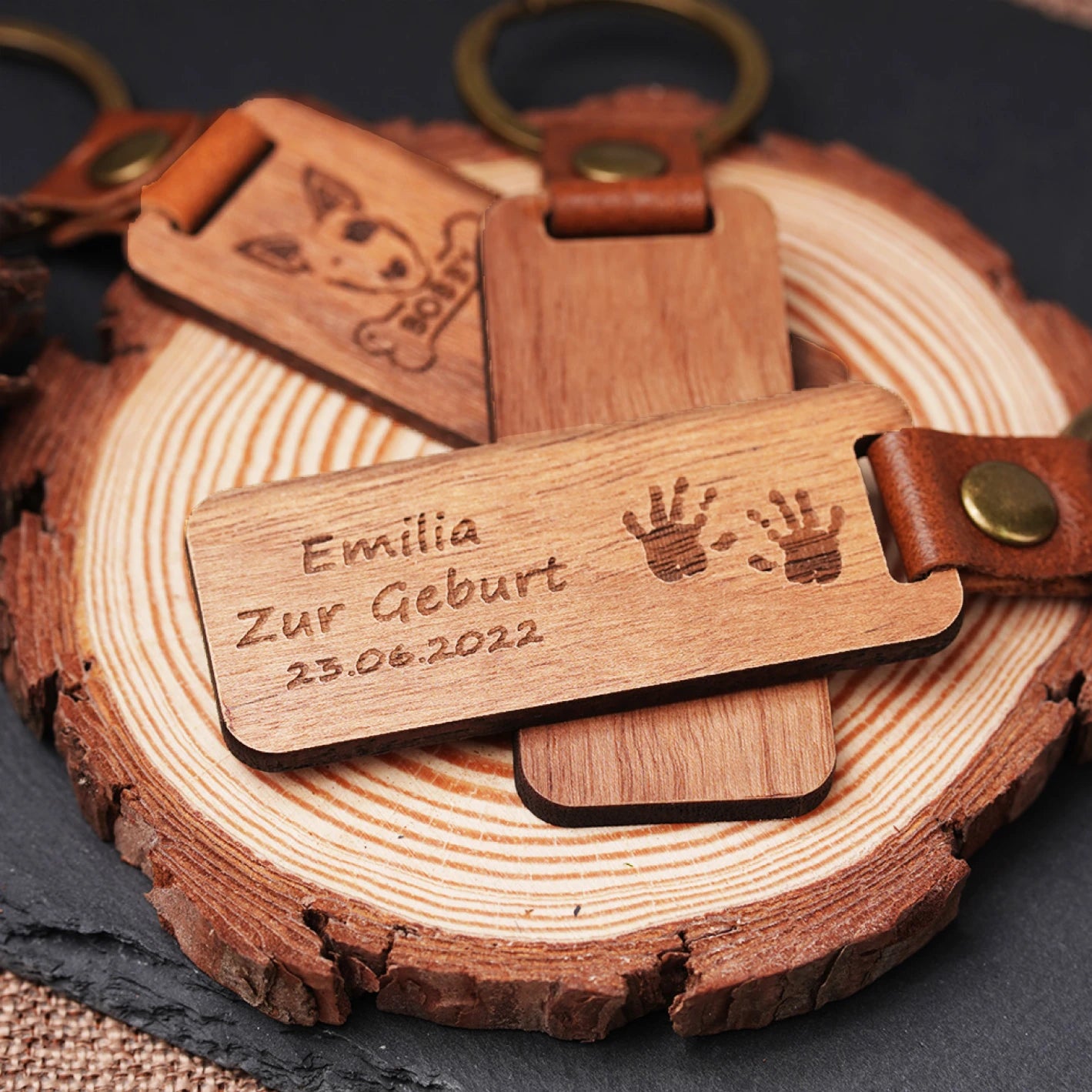 walnut keychain with laser engraved name and tree logo personalized rustic gift for nature lover.