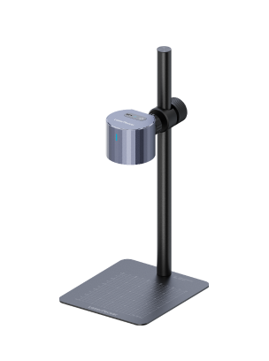 LaserPecker LP1 Plus standard package contents: 210g laser engraving module and multi-angle adjustable stand with baseplate, plus safety goggles, USB-C cable, ruler, and test materials.