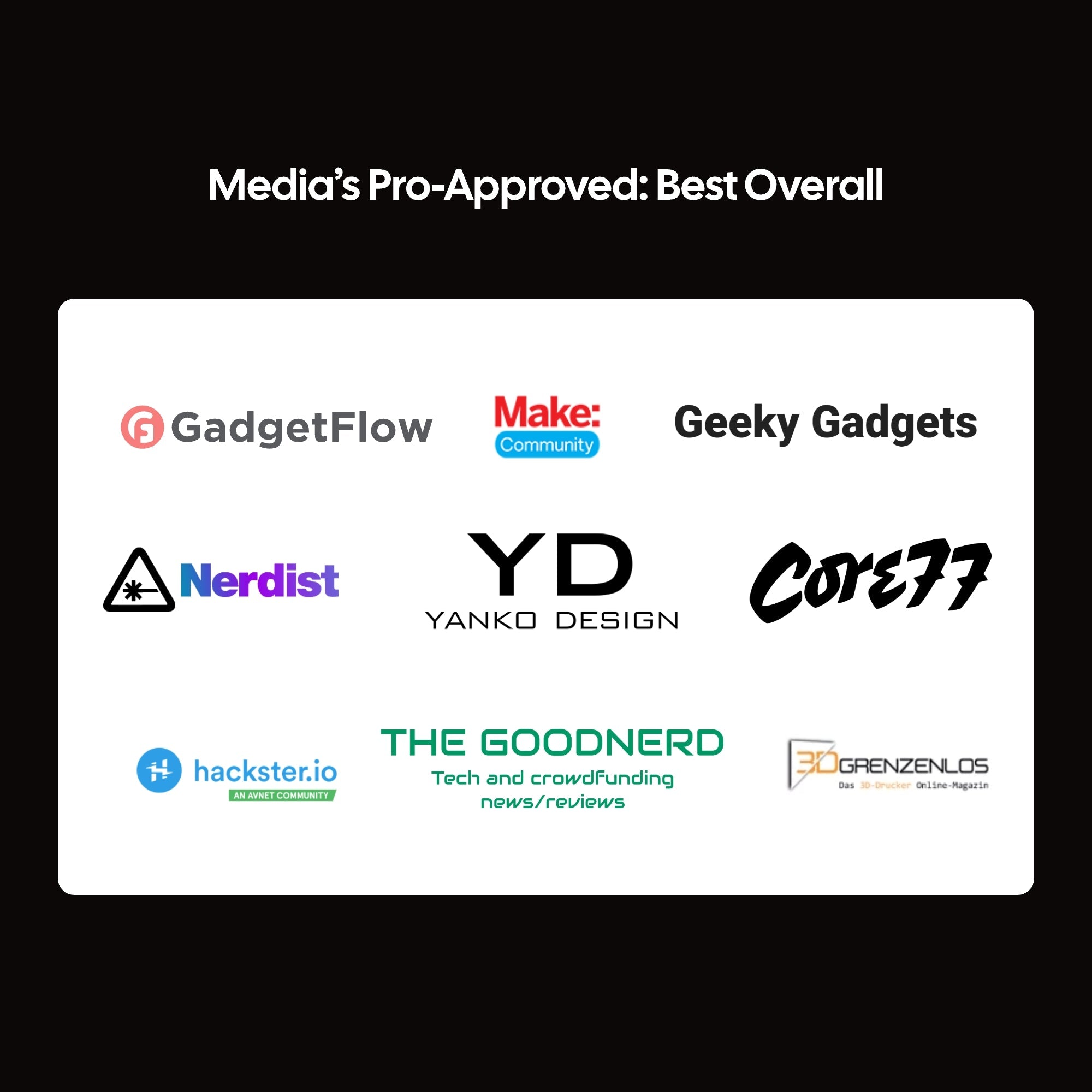 LaserPecker LP2 engraver is "Media's Pro-Approved: Best Overall," receiving endorsements from top tech and design outlets including GadgetFlow, Make: Community, Yanko Design, and Core77, among others.