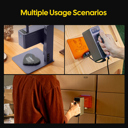 LaserPecker 2 can be used in multiple scenarios, from stand alone with electric stand to fully portable with handheld.