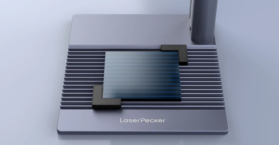 LaserPecker LP2 Plus L-shaped positioner for clamp and go positioning, slides into base plate grooves without tools for repeatable batch engraving on multiple identical materials.