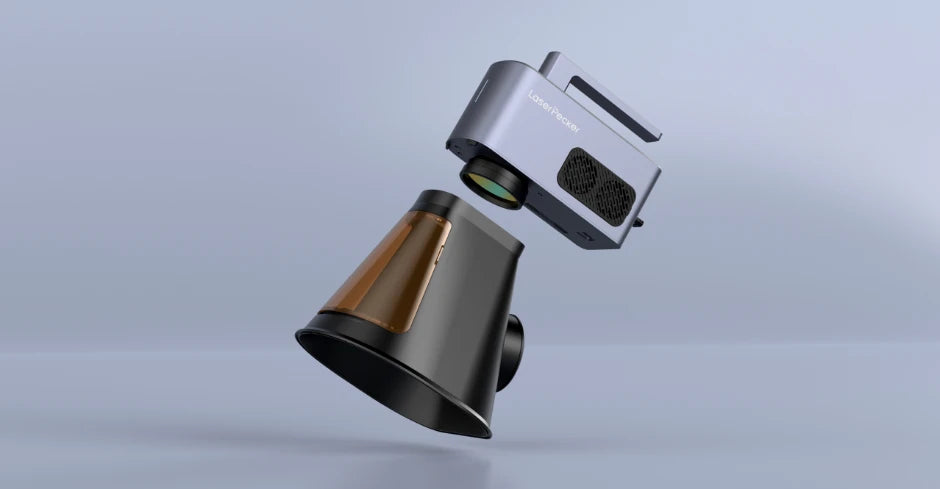 LaserPecker LP2 Plus tool-free protective cover with hand-tightened screws for quick installation and removal, Class 1 laser safety enclosure that blocks harmful laser radiation during operation.
