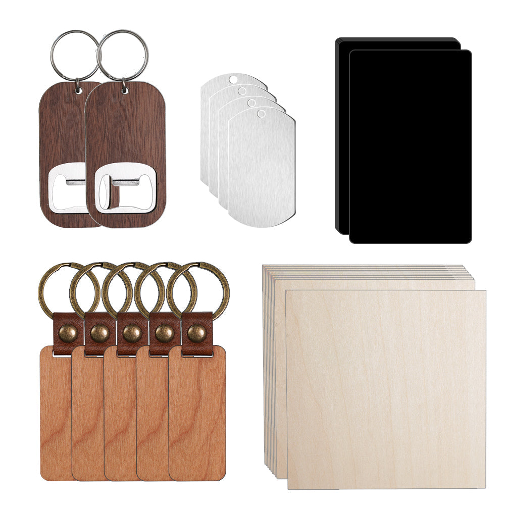 LaserPecker LP4 121-piece premium material package for laser engraving practice and projects.
