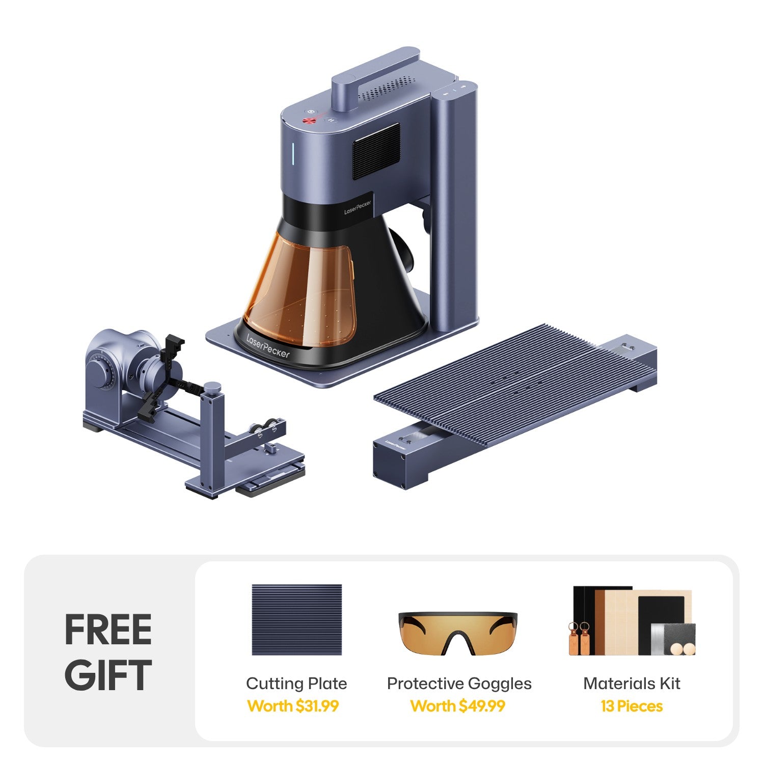 LaserPecker LP5 fiber laser engraver business bundle, including the main fiber laser engraving machine combined with diode laser cutter, a rotary attachment, and an extended engraving table, with a free gift bundle of a cutting plate, protective goggles, and a 13-piece materials kit.