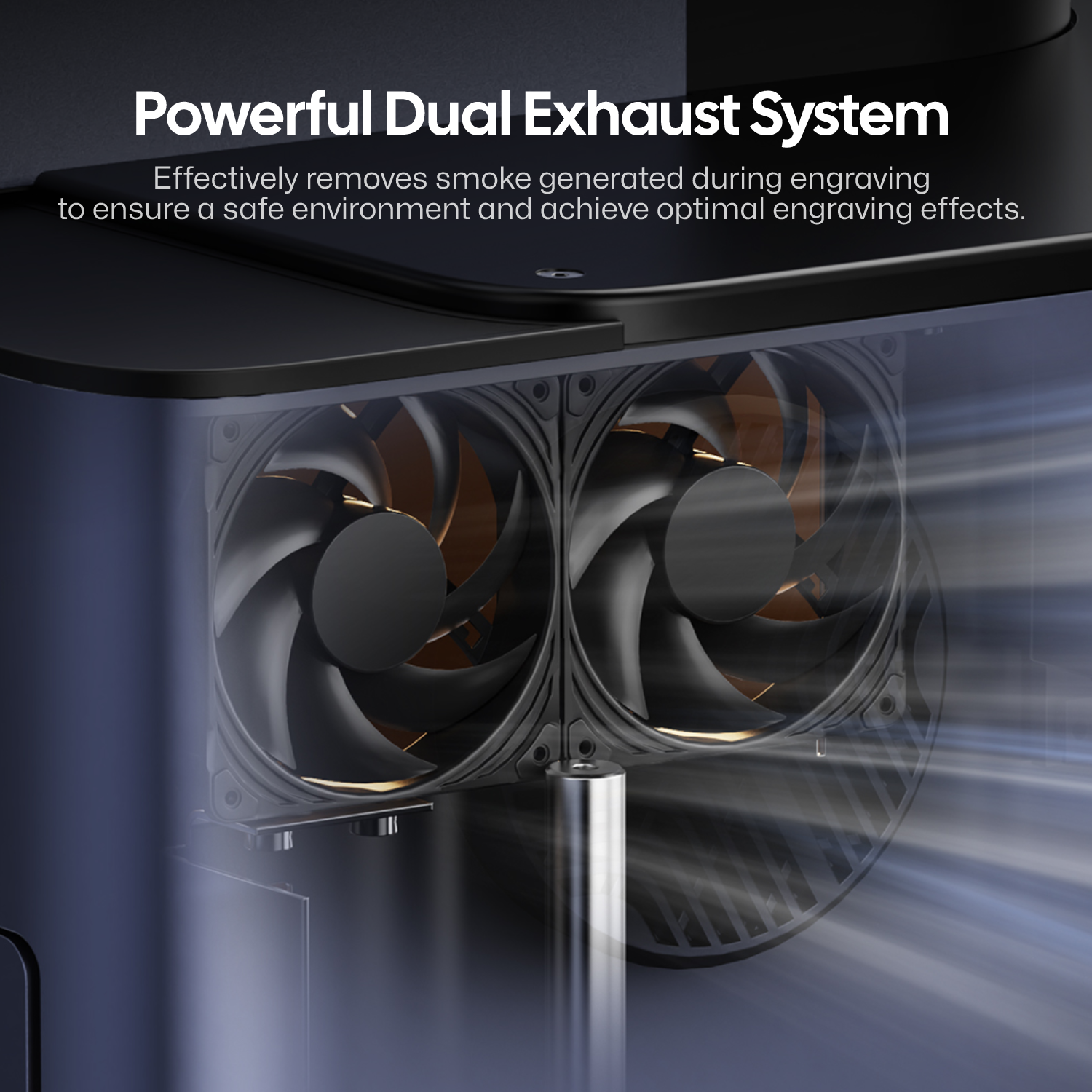 LaserPecker safety enclosure showcasing its powerful dual-exhaust fan system, designed to efficiently remove smoke and fumes generated during engraving. This maintains a safe working environment and prevents smoke from interfering with laser precision, ensuring optimal engraving results.