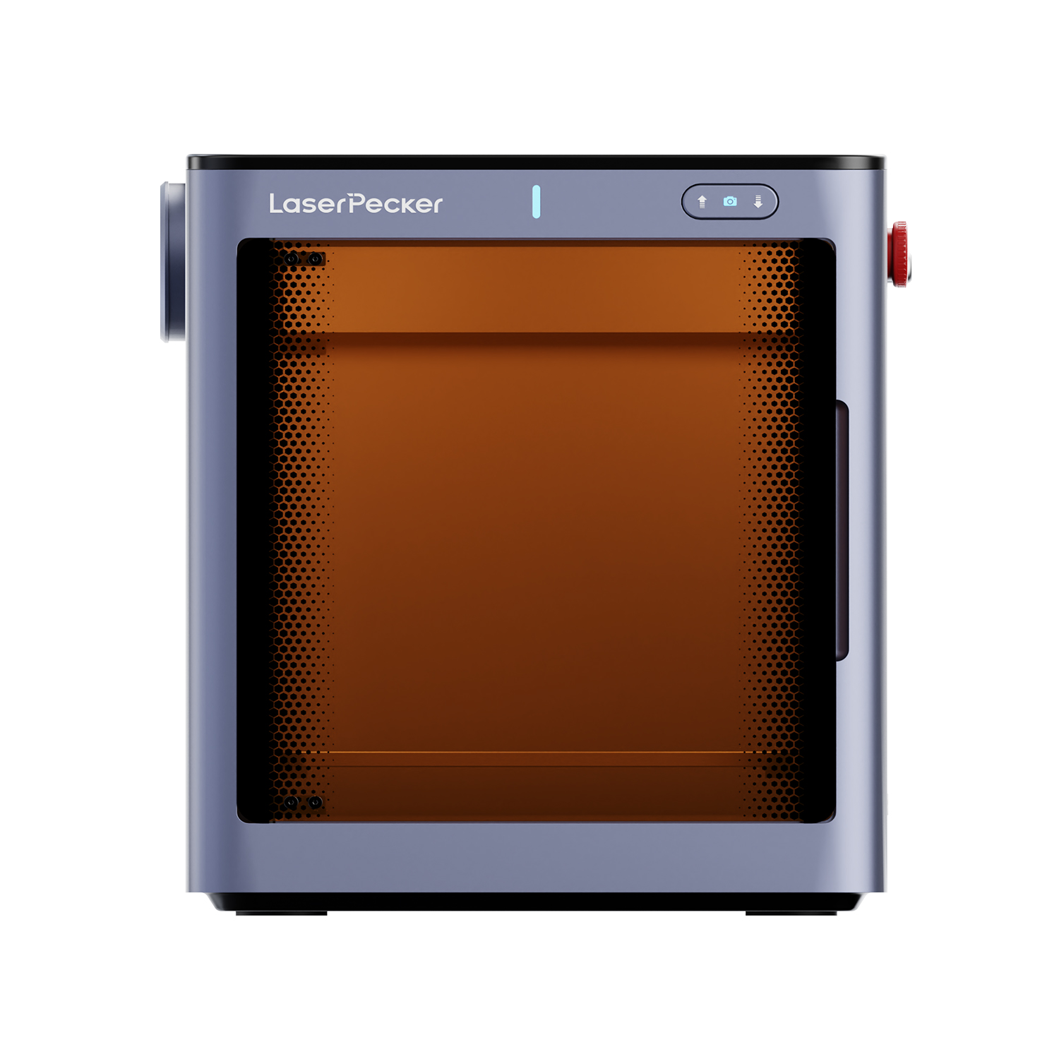 Front view of the LaserPecker safety enclosure, featuring a safety-tinted orange viewing window with a perforated metal frame, emergency stop button, and status indicator lights. 