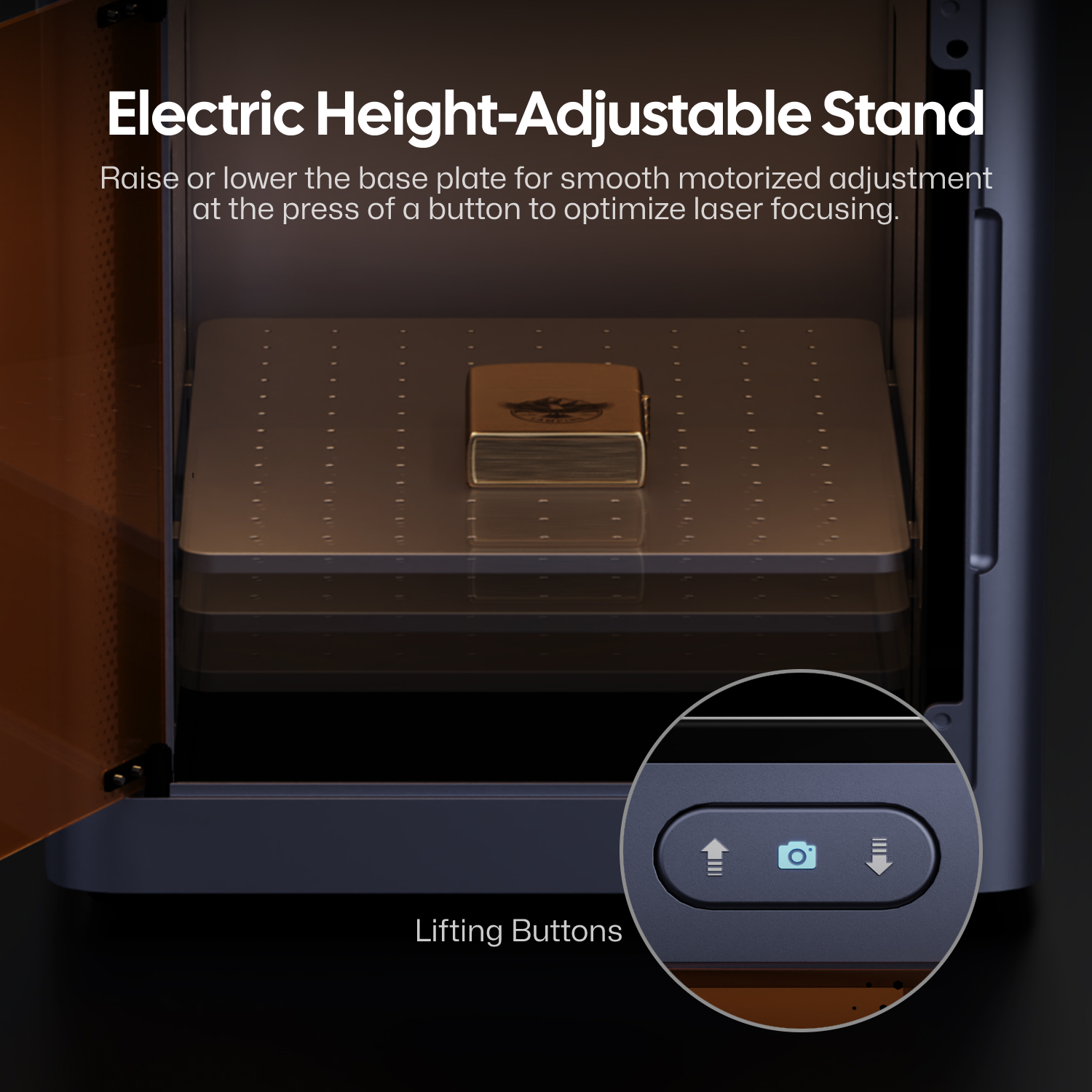 LaserPecker safety enclosure featuring its electric height-adjustable stand. The motorized base plate can be raised or lowered at the press of a button to optimize laser focusing for different workpiece heights, with dedicated lifting controls and a camera button for positioning assistance.