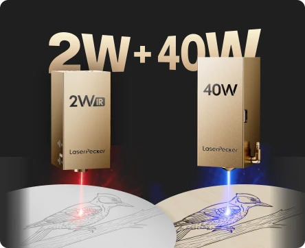 LaserPecker LX2 40W blue diode and 2W infrared laser modules side by side showing capabilities.