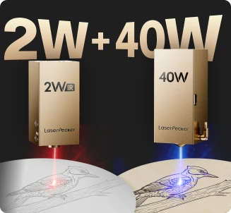 LaserPecker LX2 40W blue diode and 2W infrared laser modules side by side showing capabilities.