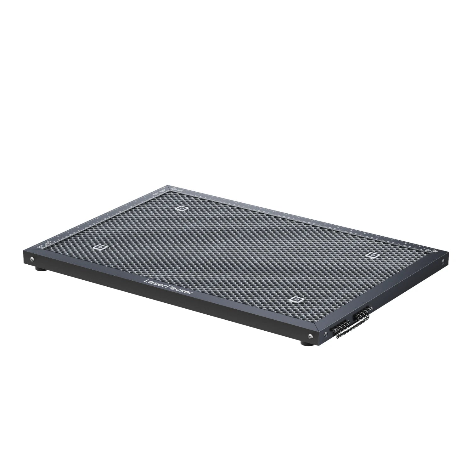 LaserPecker LX2 honeycomb cutting bed with four raised support pads and magnetic chain-style handles on both ends. 