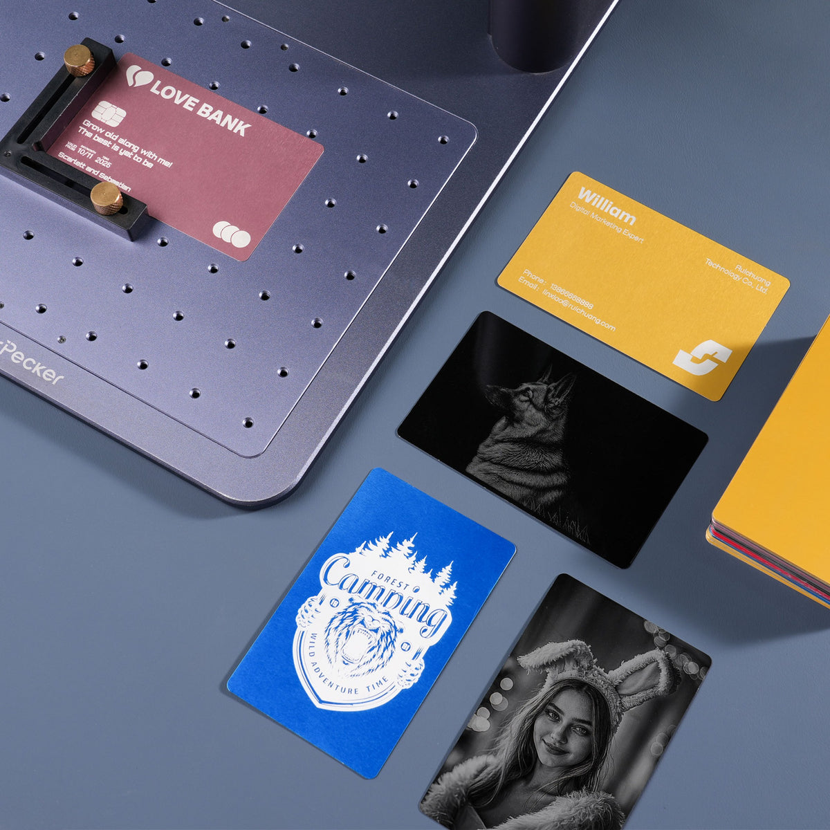 A laser engraving workspace showcasing a variety of finished projects on card blanks, including a "LOVE BANK" card in the engraving machine, a yellow business card, a black-and-white photo-engraved dog portrait, a blue "FOREST Camping" logo card, and a portrait of a woman, demonstrating the versatility of laser engraving for custom business cards, photo keepsakes, and branded designs.
