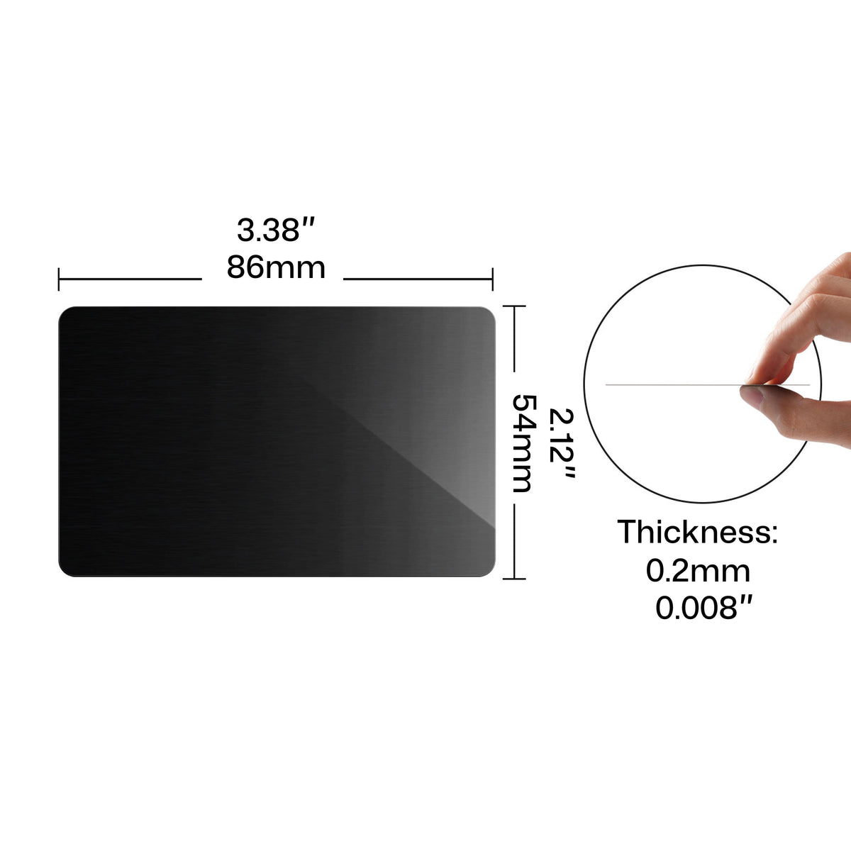 Dimensional specification of a blank black metal card for laser engraving, showing a standard business card size of 86mm (3.38") × 54mm (2.12") and a slim 0.2mm (0.008") thickness, presented as a material for custom business cards, gift cards, and personalized keepsakes.
