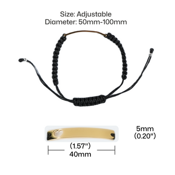 A technical size specification diagram for a personalized adjustable braided bracelet, showing the full bracelet with a sliding knot closure, and a close-up of the gold-toned engraving plate (40mm × 5mm) with a heart cutout. Text indicates the bracelet diameter adjusts from 50mm to 100mm.