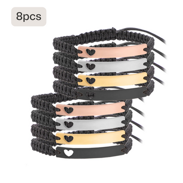 A set of 8 adjustable personalized bracelets, featuring black braided cords and metal plates in rose gold, silver, gold, and black finishes. Each plate has a small heart cutout and a smooth surface designed for custom engraving of names, dates, or messages.