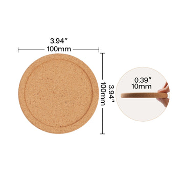 Dimensional specification of a round cork coaster blank for laser engraving, showing a 100mm (3.94") diameter and 10mm (0.39") thickness, presented as a durable, eco-friendly material for creating personalized drink coasters.
