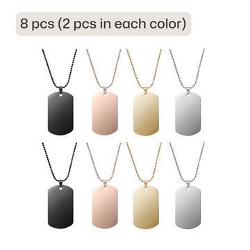 A set of 8 blank engravable dog tag necklaces, with 2 pieces each in black, rose gold, gold, and silver finishes. Each necklace features a polished stainless steel pendant on a matching beaded ball chain, designed for custom engraving of names, dates, or personal messages.