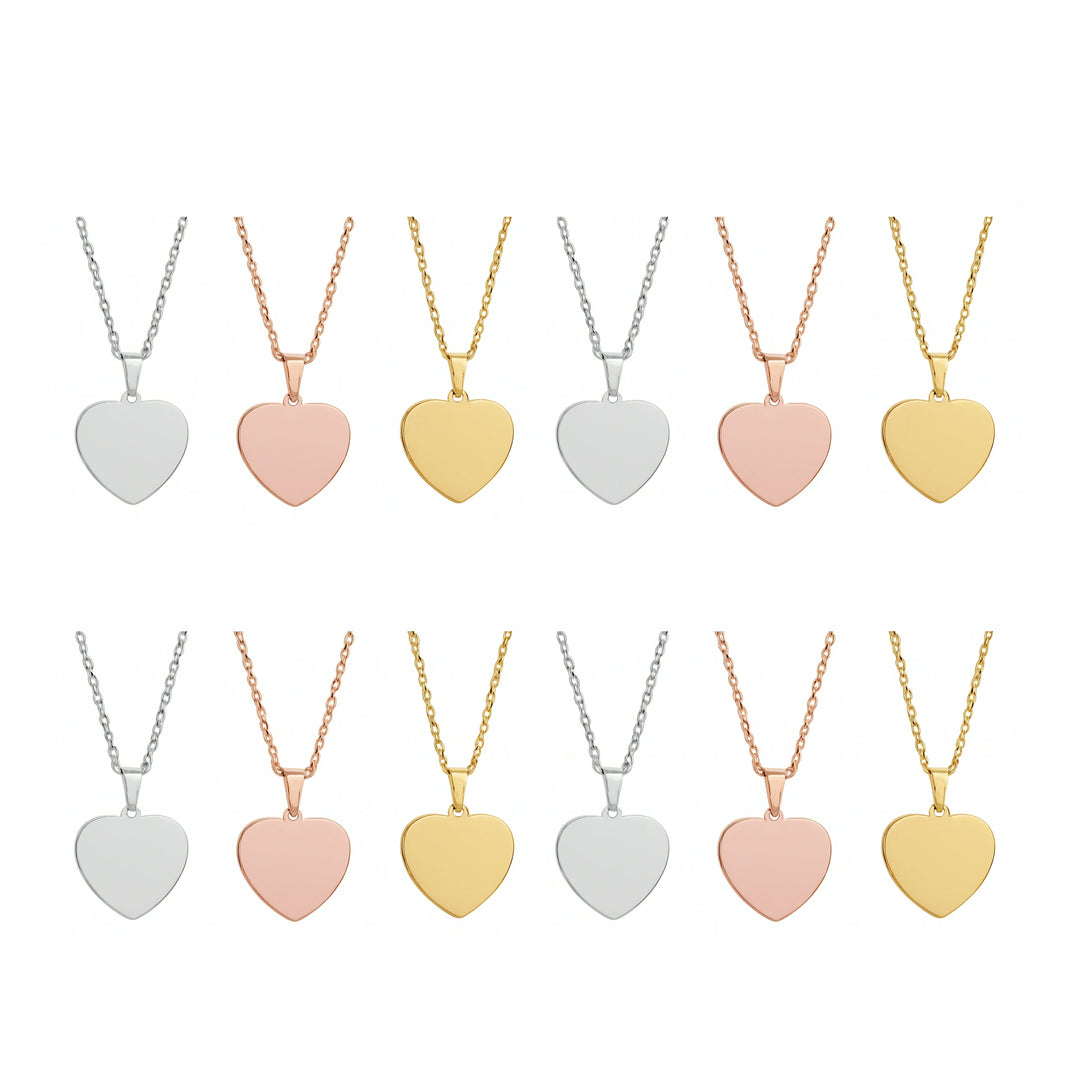 A set of 12 heart-shaped pendant necklaces, available in three polished finishes: silver, rose gold, and yellow gold. Each pendant features a smooth, blank surface designed for laser engraving, making them ideal for personalized gifts, such as custom names, dates, or meaningful symbols.