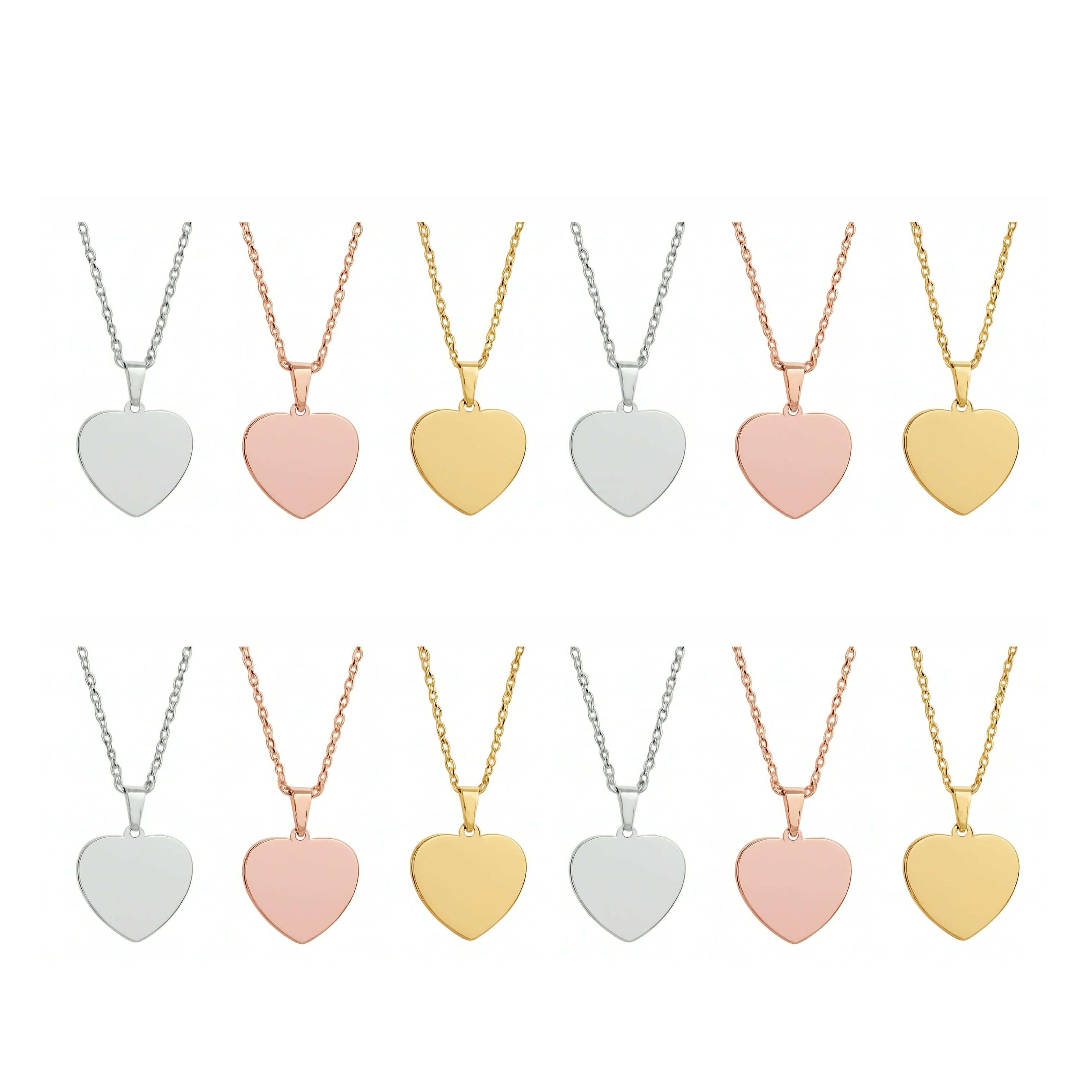 A set of 12 heart-shaped pendant necklaces, available in three polished finishes: silver, rose gold, and yellow gold. Each pendant features a smooth, blank surface designed for laser engraving, making them ideal for personalized gifts, such as custom names, dates, or meaningful symbols.