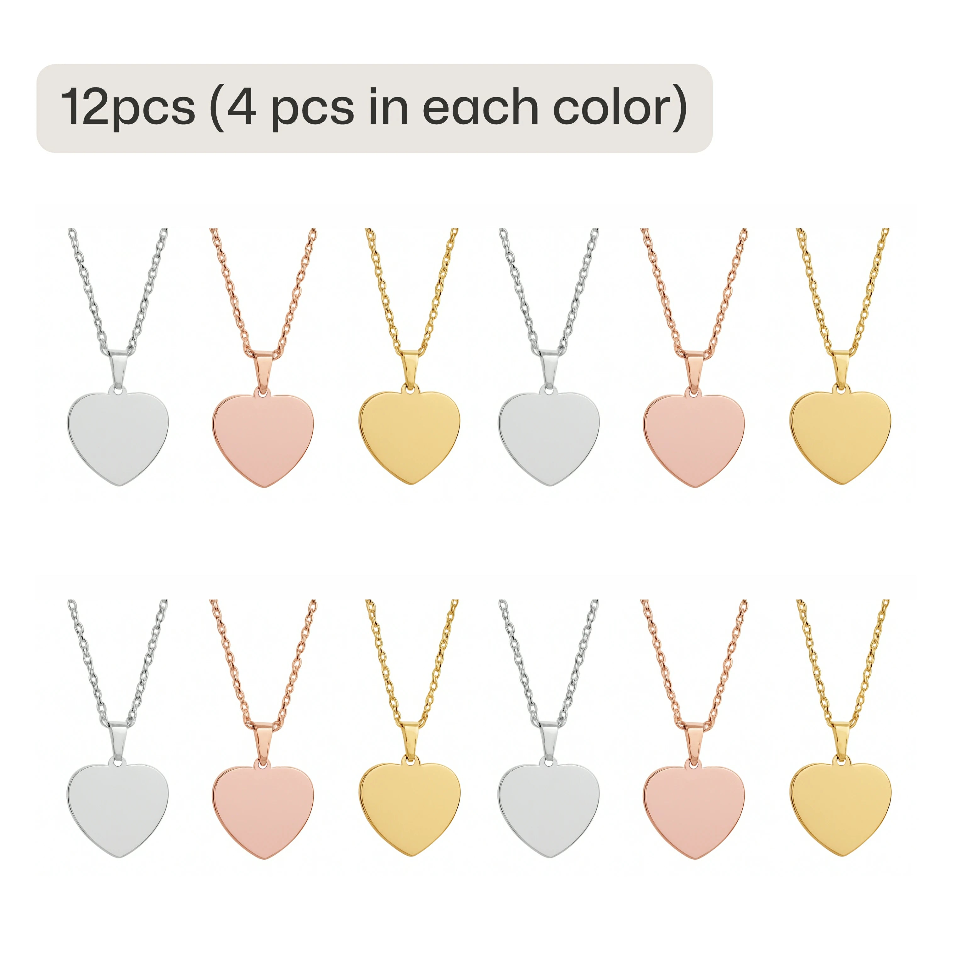 12 blank heart-shaped pendant necklaces, evenly divided into three polished metal finishes: 4 silver, 4 rose gold, and 4 yellow gold. Each smooth, unengraved heart pendant is designed for laser personalization, making the collection ideal for bulk gifting, crafting, or resale, where names, initials, or symbols can be added to create unique, sentimental pieces for occasions like birthdays, anniversaries, or Valentine’s Day.
