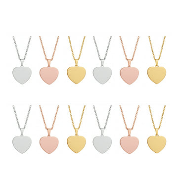 A set of 12 heart-shaped pendant necklaces, available in three polished finishes: silver, rose gold, and yellow gold. Each pendant features a smooth, blank surface designed for laser engraving, making them ideal for personalized gifts, such as custom names, dates, or meaningful symbols.
