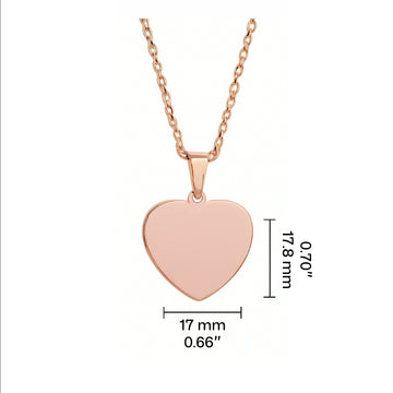 This is a polished rose gold heart-shaped pendant necklace, designed with a smooth, blank surface ready for laser engraving. The pendant measures 17 mm (0.66") wide and 17.8 mm (0.70") tall, making it a delicate yet durable piece ideal for personalization with names, initials, or meaningful symbols. It is presented as a customizable gift for occasions like birthdays, anniversaries, or Valentine’s Day, where a blend of elegant style and personal sentiment is desired.
