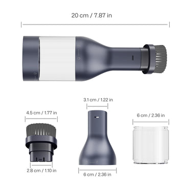 Dimensional breakdown of the Mini Soft Dusting Brush, showing the assembled 20cm-long accessory and its three detachable components — the brush head, central connector, and transparent dust chamber — with precise measurements for each part to illustrate compatibility and assembly.