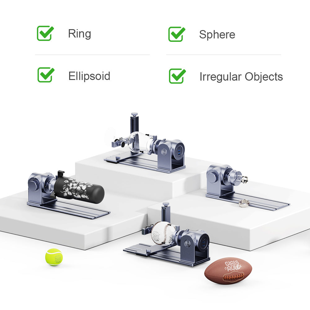 laserpecker rotary extension for engraving rings ellipsoids spheres and irregular shaped objects.
