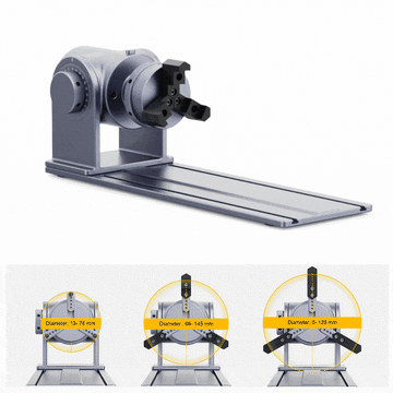 LaserPecker 3-jaw rotary chuck with adjustable clamping ranges, designed for cylindrical engraving.