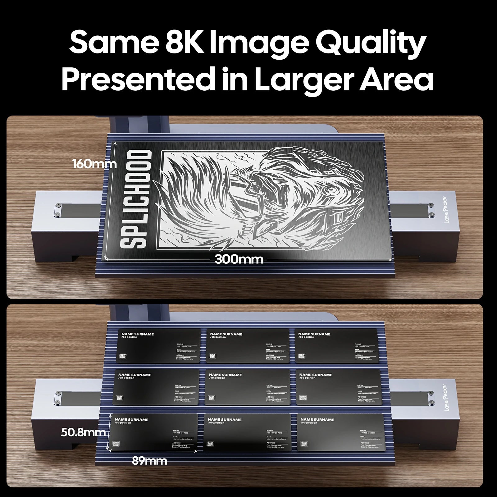 laserpecker slide extension 8k large format engraving tiger and batch of 9 business cards.