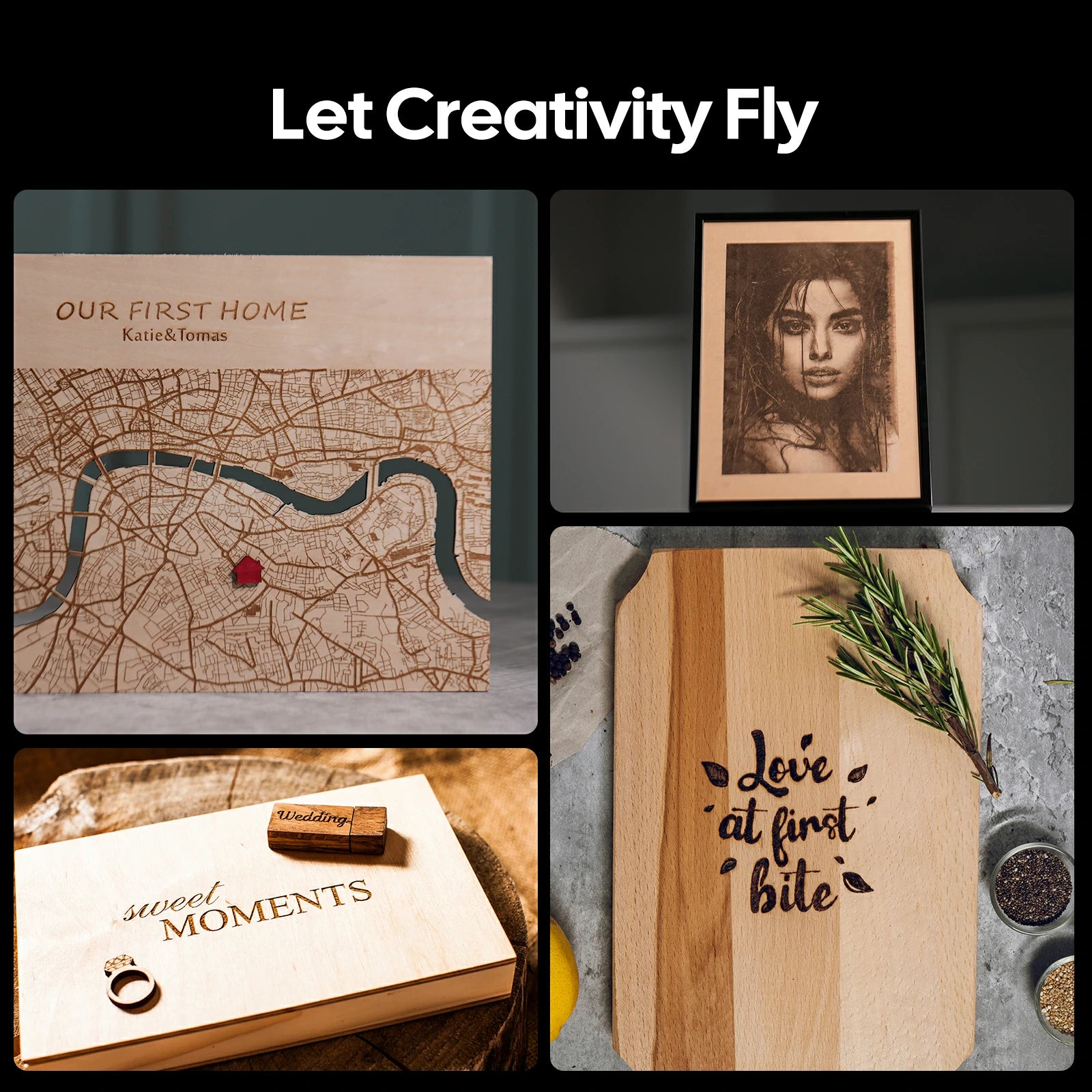 laserpecker slide extension creative laser engraving projects including wood map portrait ring box and cutting board.