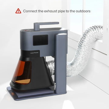 laserpecker smoke exhaust pipe connected outdoors for laser engraver fume ventilation.