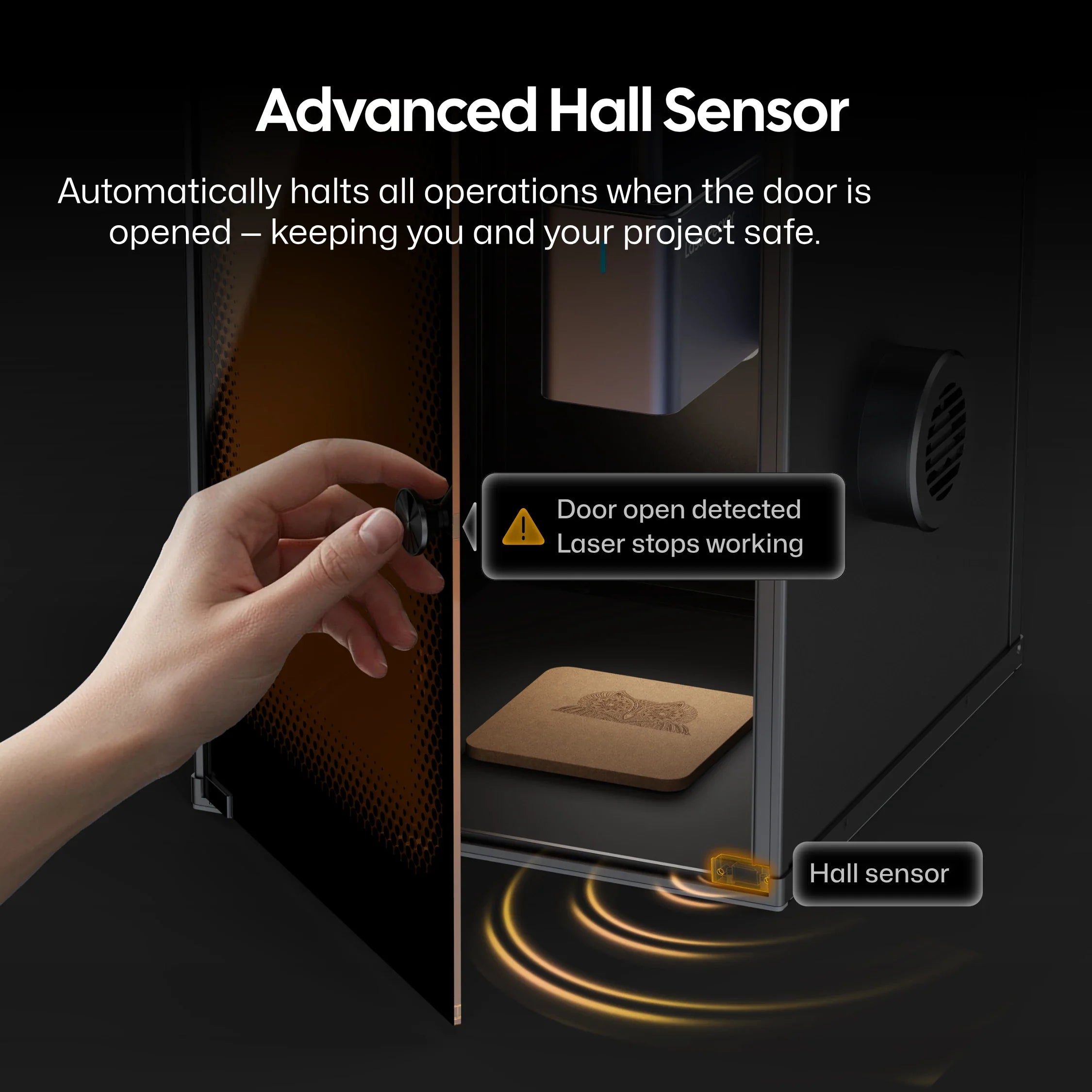 laserpecker standard enclosure with hall sensor stops laser when door opens for safety.