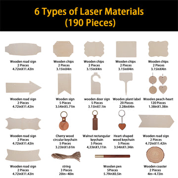 wood material kit items grouped by shape and size circles squares rectangles and sheets for laser engraving.