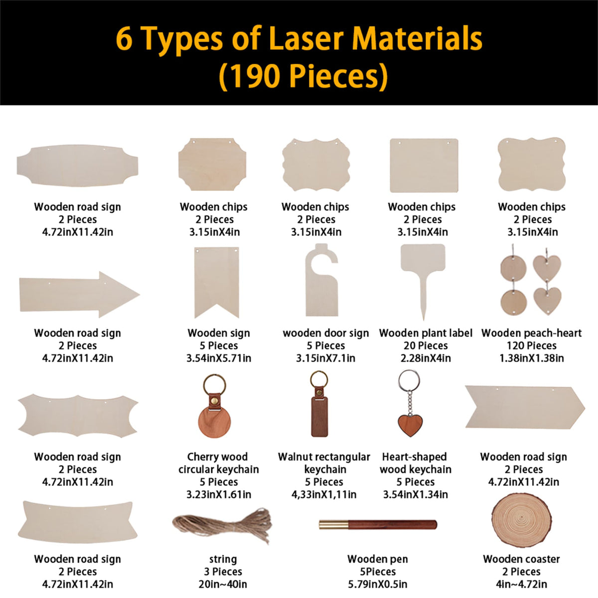 wood material kit items grouped by shape and size circles squares rectangles and sheets for laser engraving.
