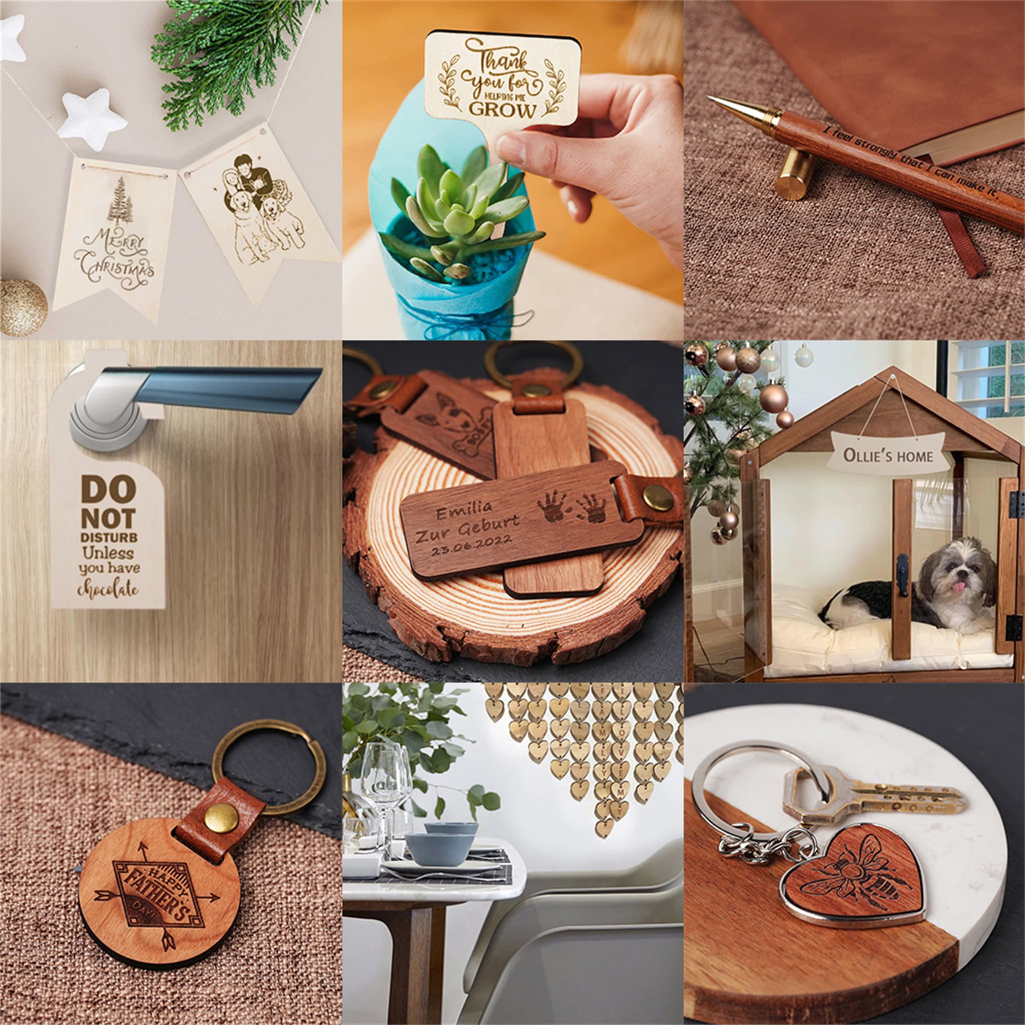 sample laser engravings on wood blanks from 190 piece material kit for diy ornament keychain and coaster projects.