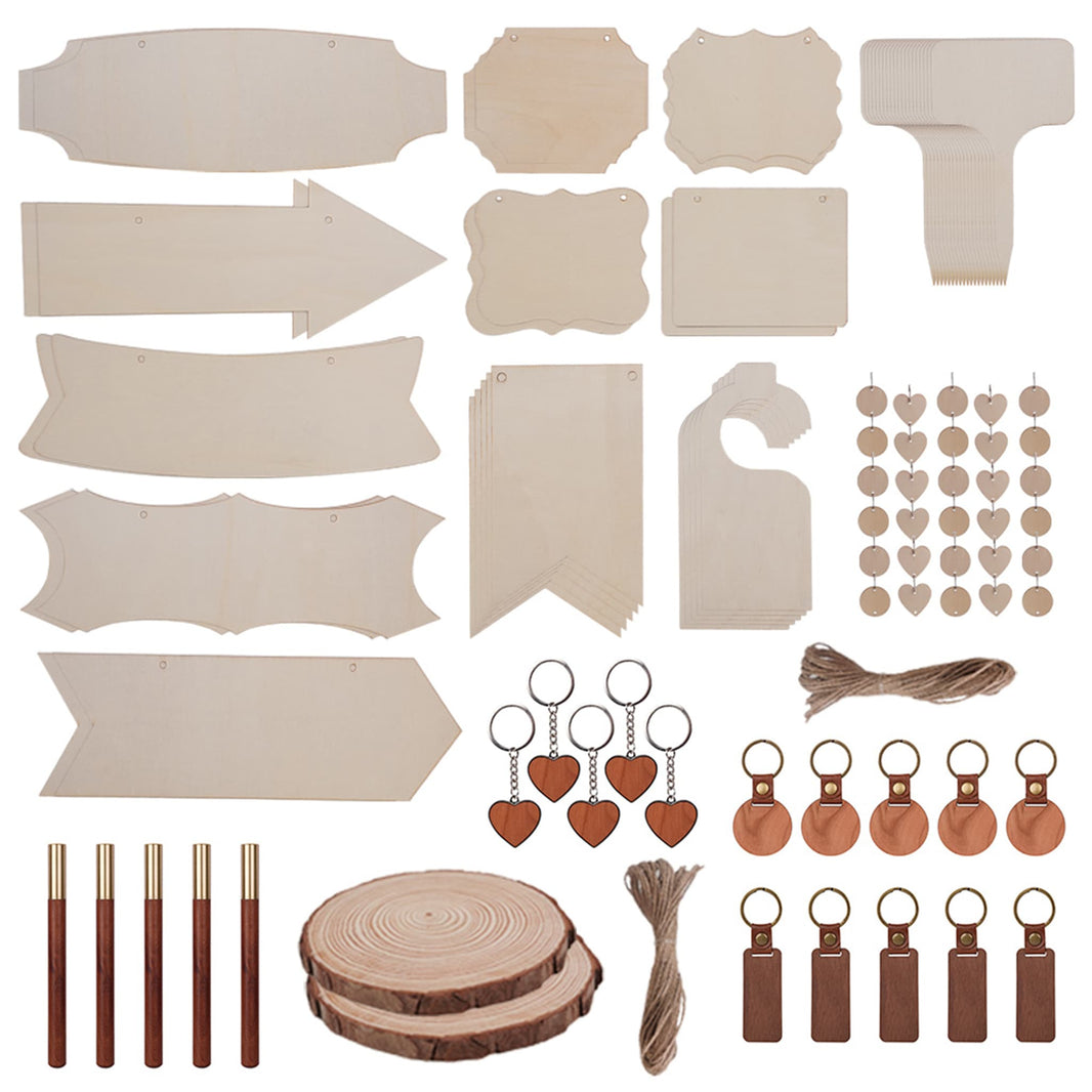 190-piece wood material kit for laser engraving and cutting assorted wood blanks including basswood plywood shapes and sheets for diy crafts.