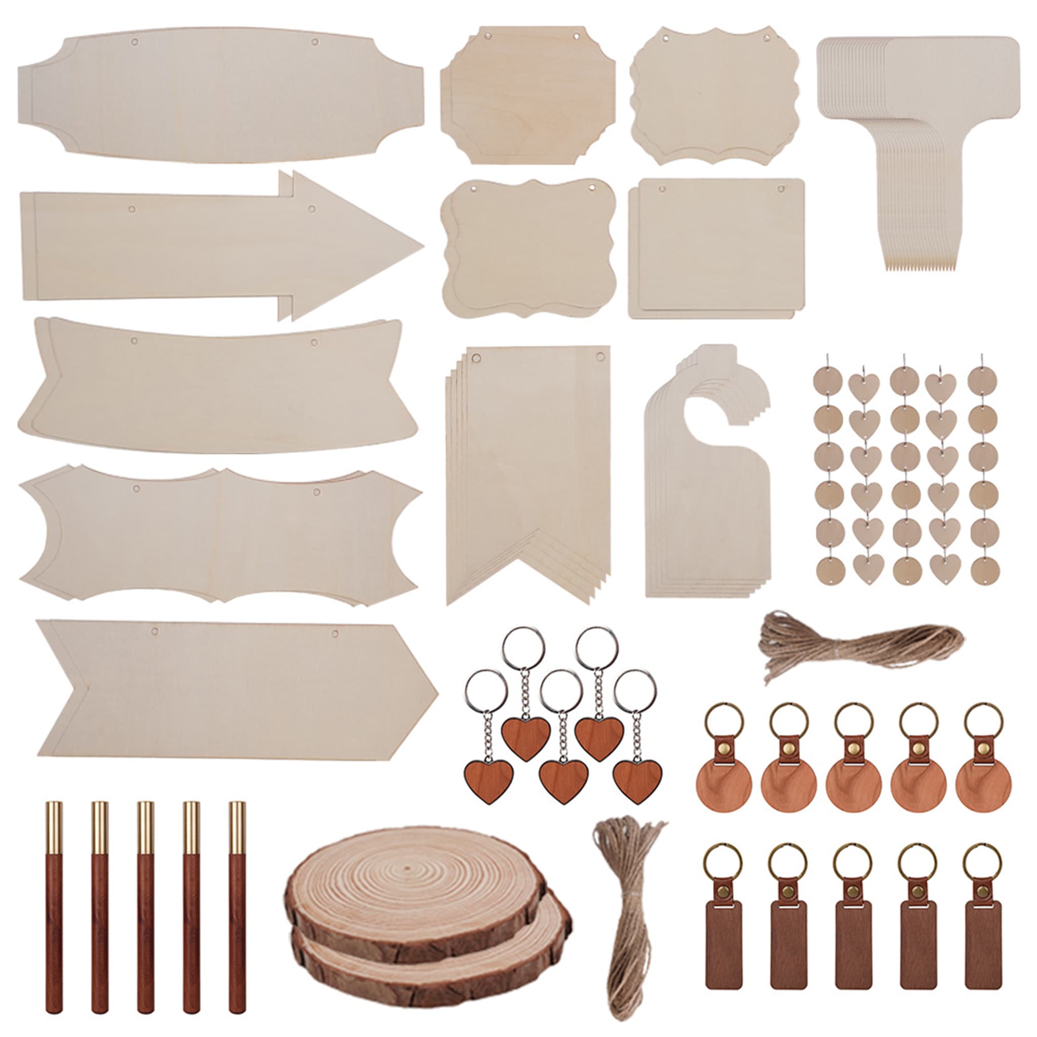 190-piece wood material kit for laser engraving and cutting assorted wood blanks including basswood plywood shapes and sheets for diy crafts.
