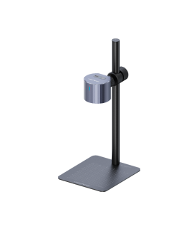 LaserPecker LP1 Plus standard package contents: 210g laser engraving module and multi-angle adjustable stand with baseplate, plus safety goggles, USB-C cable, ruler, and test materials.